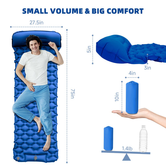 Inflatable Sleeping Pad with Pillow for Camping-Built in Foot Pump Fast Inflation-Ultralight Upgraded Durable Compact Sleeping Mat