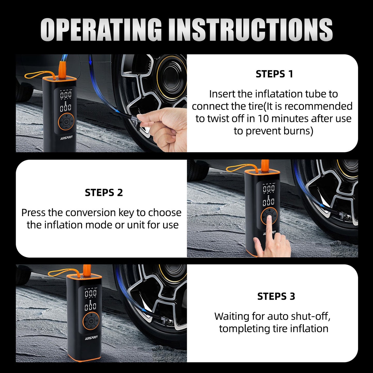 AIRSPIRIT Tire Inflator Portable Air Compressor 150PSI 5X Fast Inflation and Auto Shutoff Function Tires Pump for Cars Motorcycles Bikes Balls